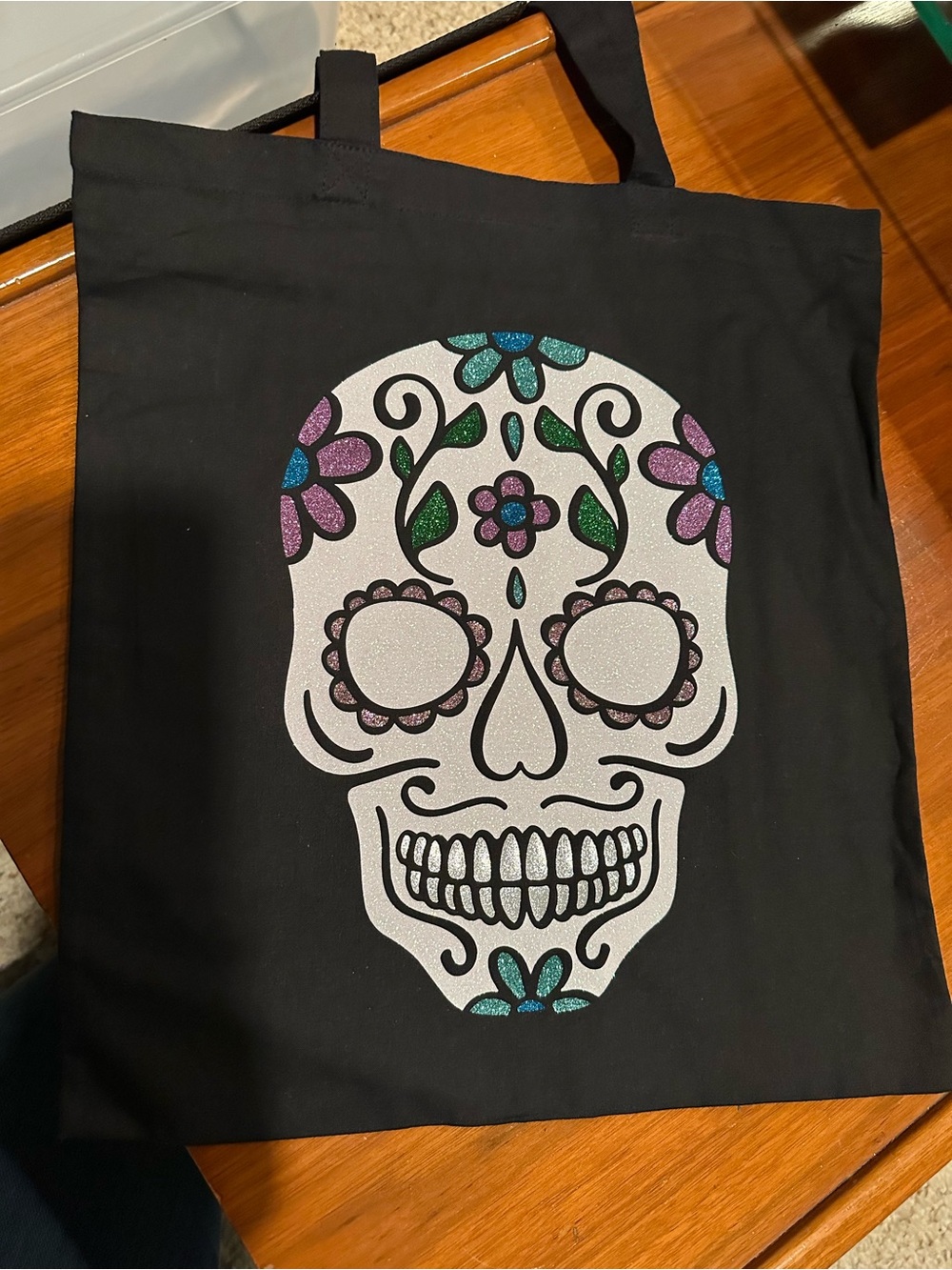 Glitter Sugar Skull Tote Bag - Black with Multicolor Accents